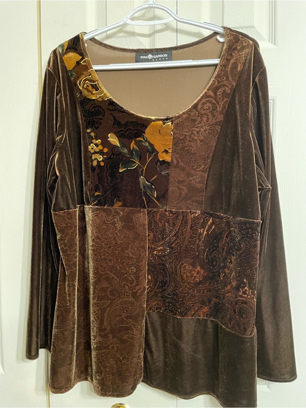 Sag Harbor Brown Velour Tunic Top with Mustard Accent